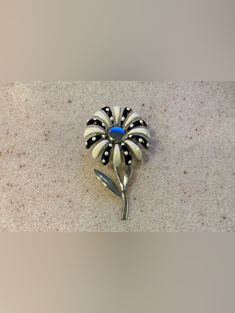 Silver Daisy Brooch with Black & Cream Enamel